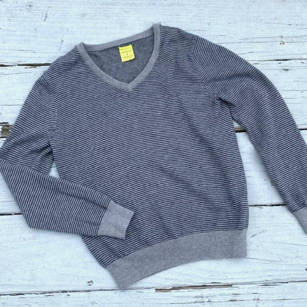 Crewcuts Boys Grey Black Stripe V Neck Pullover Sweater 100% Cotton Sz 8